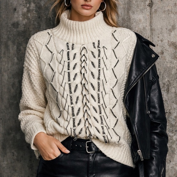 Vince Camuto Sweaters - Vince Camuto Ivory Cable Knit Sweater Chain Detail Mock Neck Sz small NWT